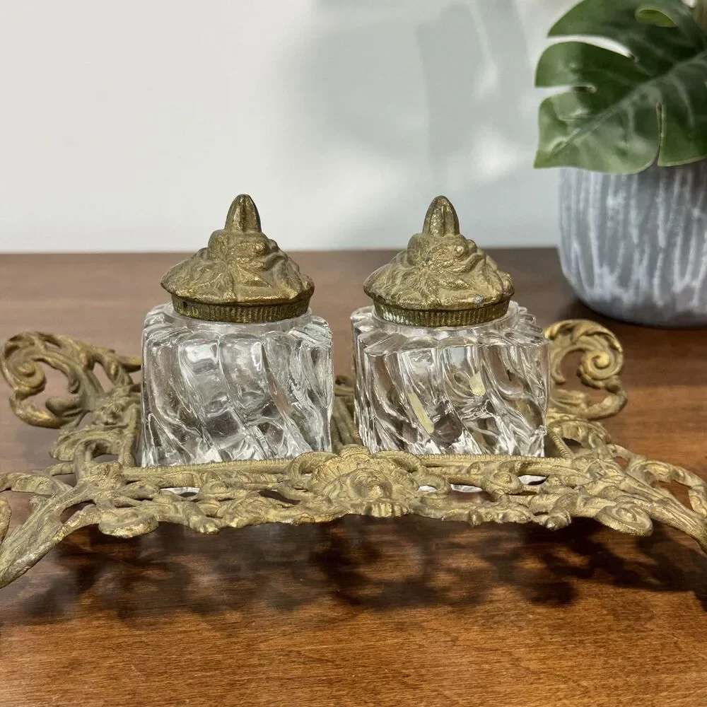 Antique Ornate Brass Double Inkwell Stand with Two Glass Ink Pots Victorian Era - Picture 2 of 11